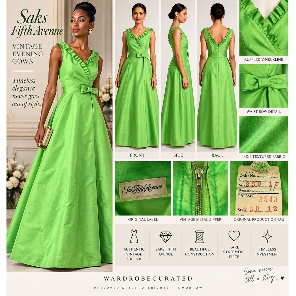 Vintage Saks Fifth Avenue Chartreuse Green Formal Gown Bow Maxi Dress 50s 60s